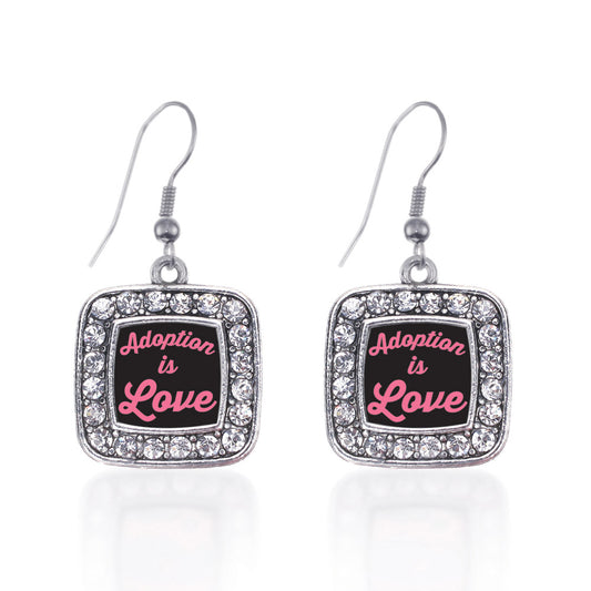 Silver Adoption Is Love Square Charm Dangle Earrings