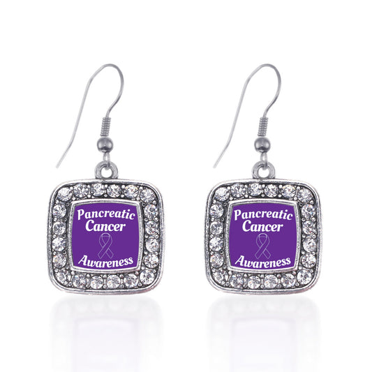 Silver Pancreatic Cancer Awareness Square Charm Dangle Earrings