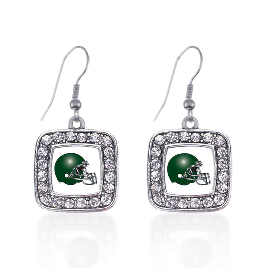 Silver White and Green Team Helmet Square Charm Dangle Earrings