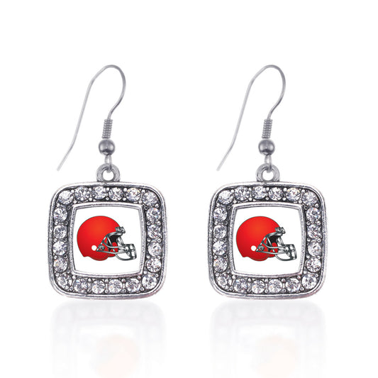 Silver Red and White Team Helmet Square Charm Dangle Earrings