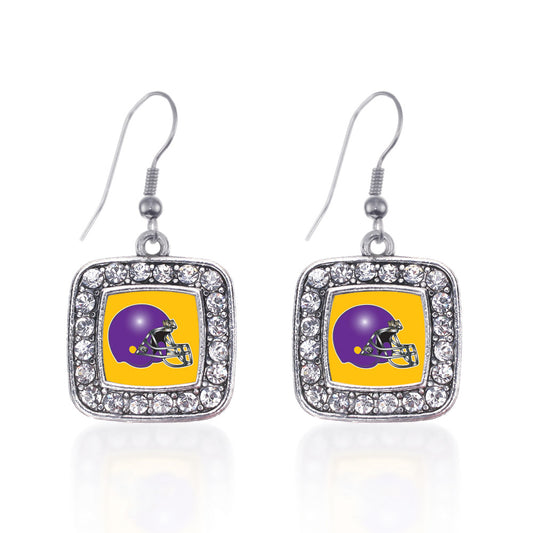 Silver Yellow and Purple Team Helmet Square Charm Dangle Earrings