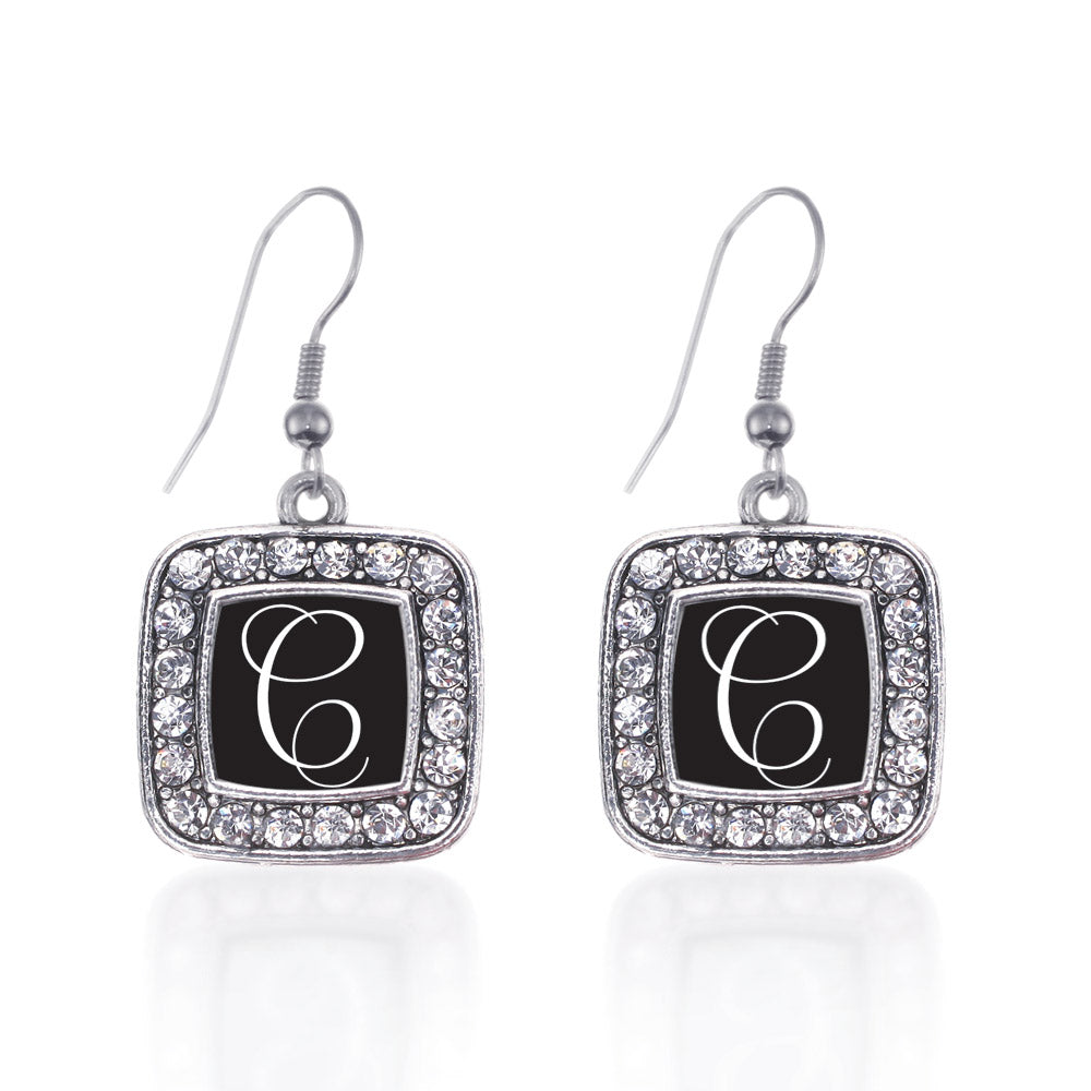Silver My Script Initials - Letter C Square Charm Dangle Earrings