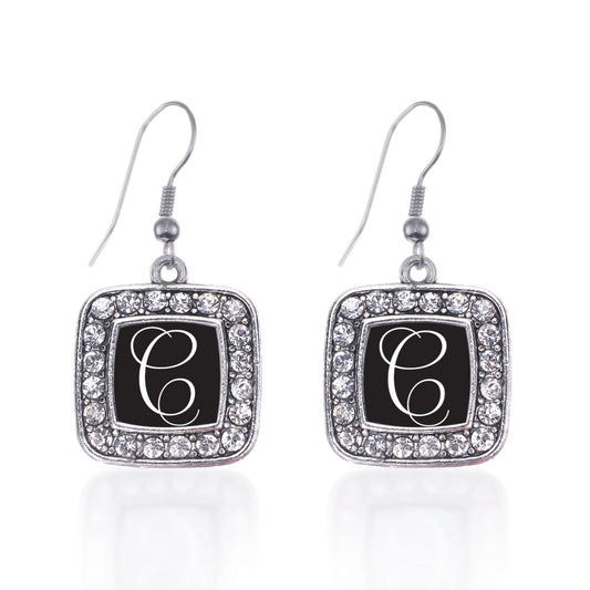 Silver My Script Initials - Letter C Square Charm Dangle Earrings