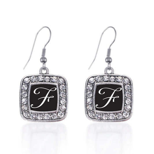 Silver My Script Initials - Letter F Square Charm Dangle Earrings
