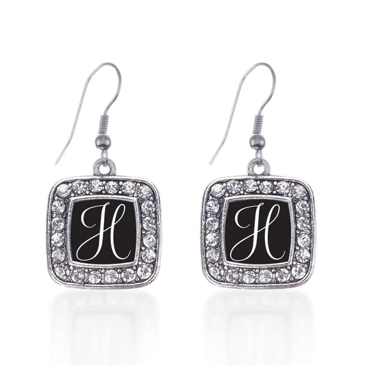 Silver My Script Initials - Letter H Square Charm Dangle Earrings