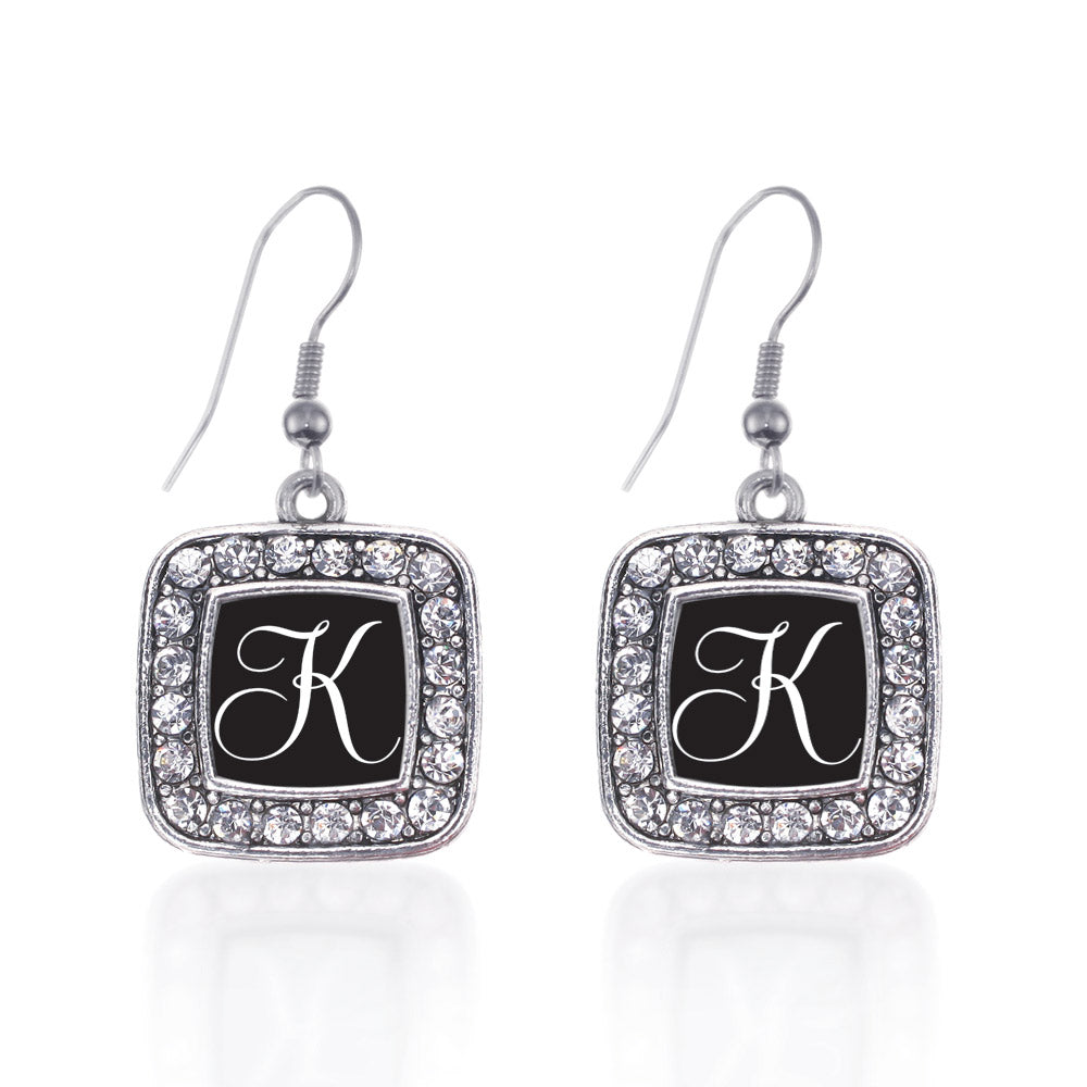 Silver My Script Initials - Letter K Square Charm Dangle Earrings