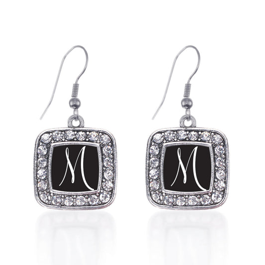 Silver My Script Initials - Letter M Square Charm Dangle Earrings