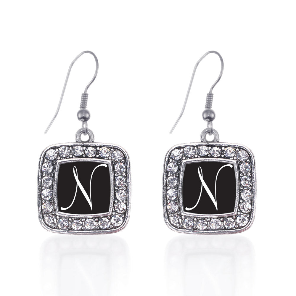 Silver My Script Initials - Letter N Square Charm Dangle Earrings