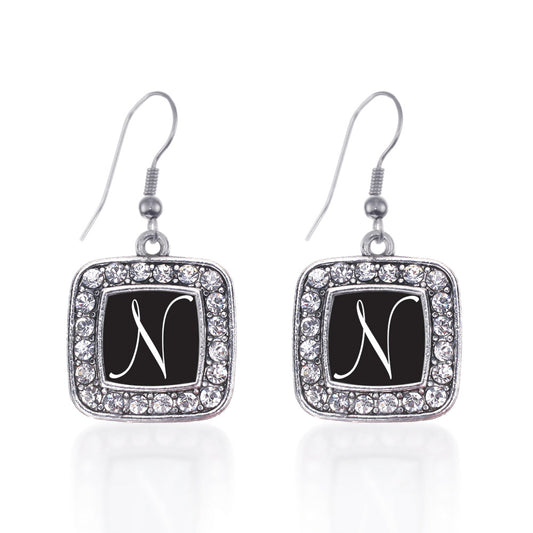 Silver My Script Initials - Letter N Square Charm Dangle Earrings
