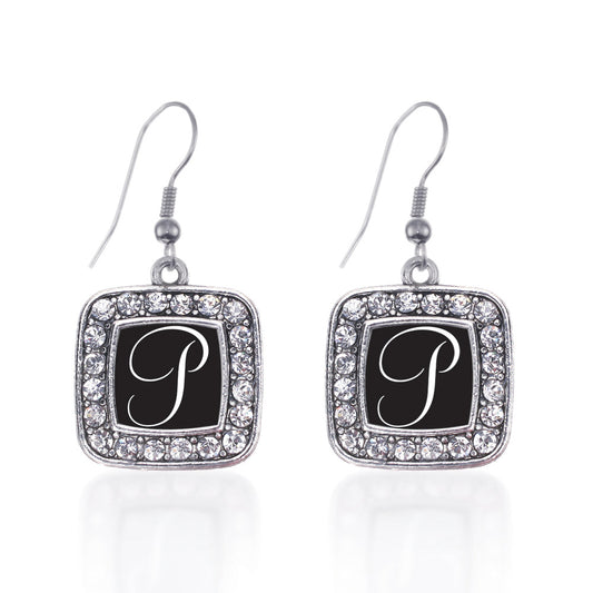 Silver My Script Initials - Letter P Square Charm Dangle Earrings
