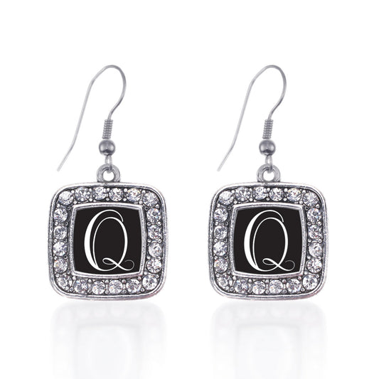 Silver My Script Initials - Letter Q Square Charm Dangle Earrings