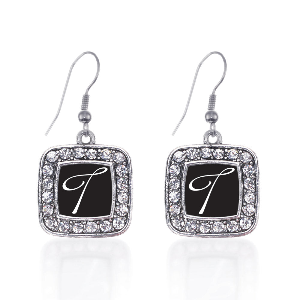 Silver My Script Initials - Letter T Square Charm Dangle Earrings