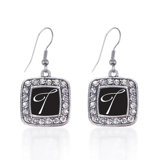 Silver My Script Initials - Letter T Square Charm Dangle Earrings