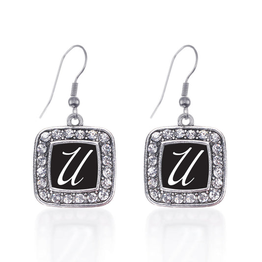Silver My Script Initials - Letter U Square Charm Dangle Earrings