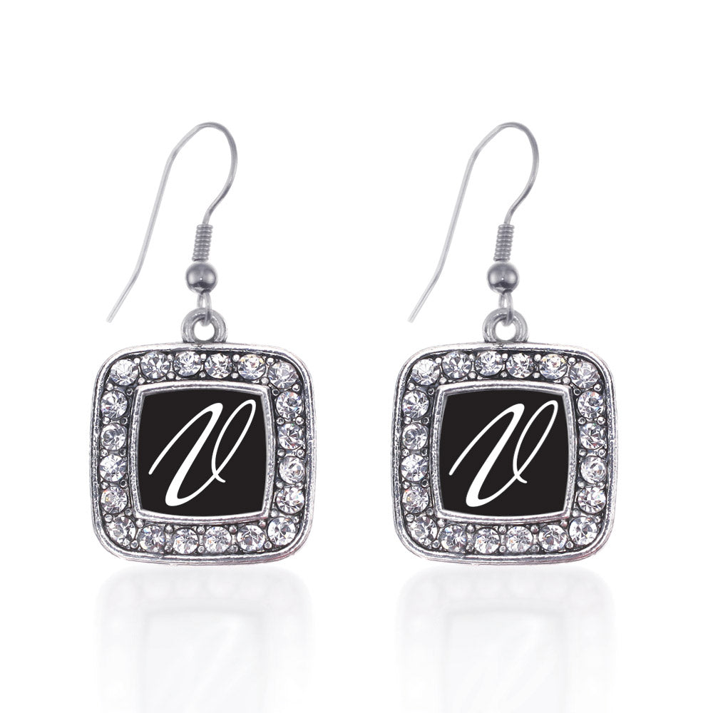 Silver My Script Initials - Letter V Square Charm Dangle Earrings
