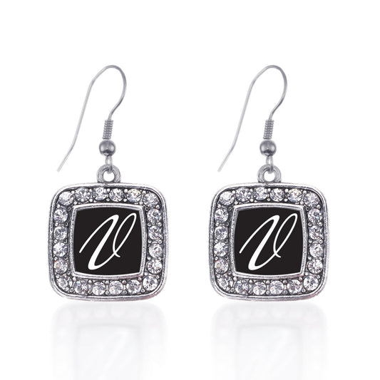 Silver My Script Initials - Letter V Square Charm Dangle Earrings