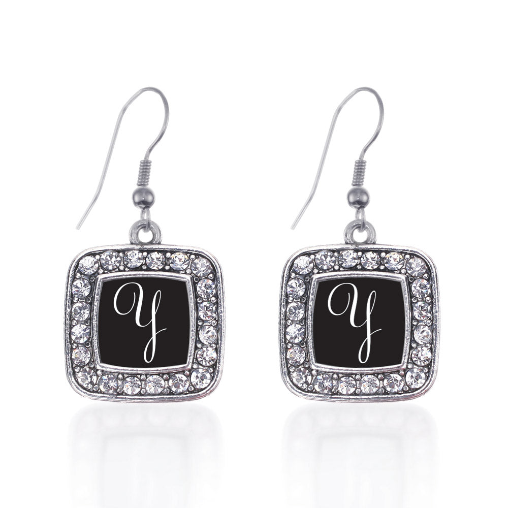 Silver My Script Initials - Letter Y Square Charm Dangle Earrings