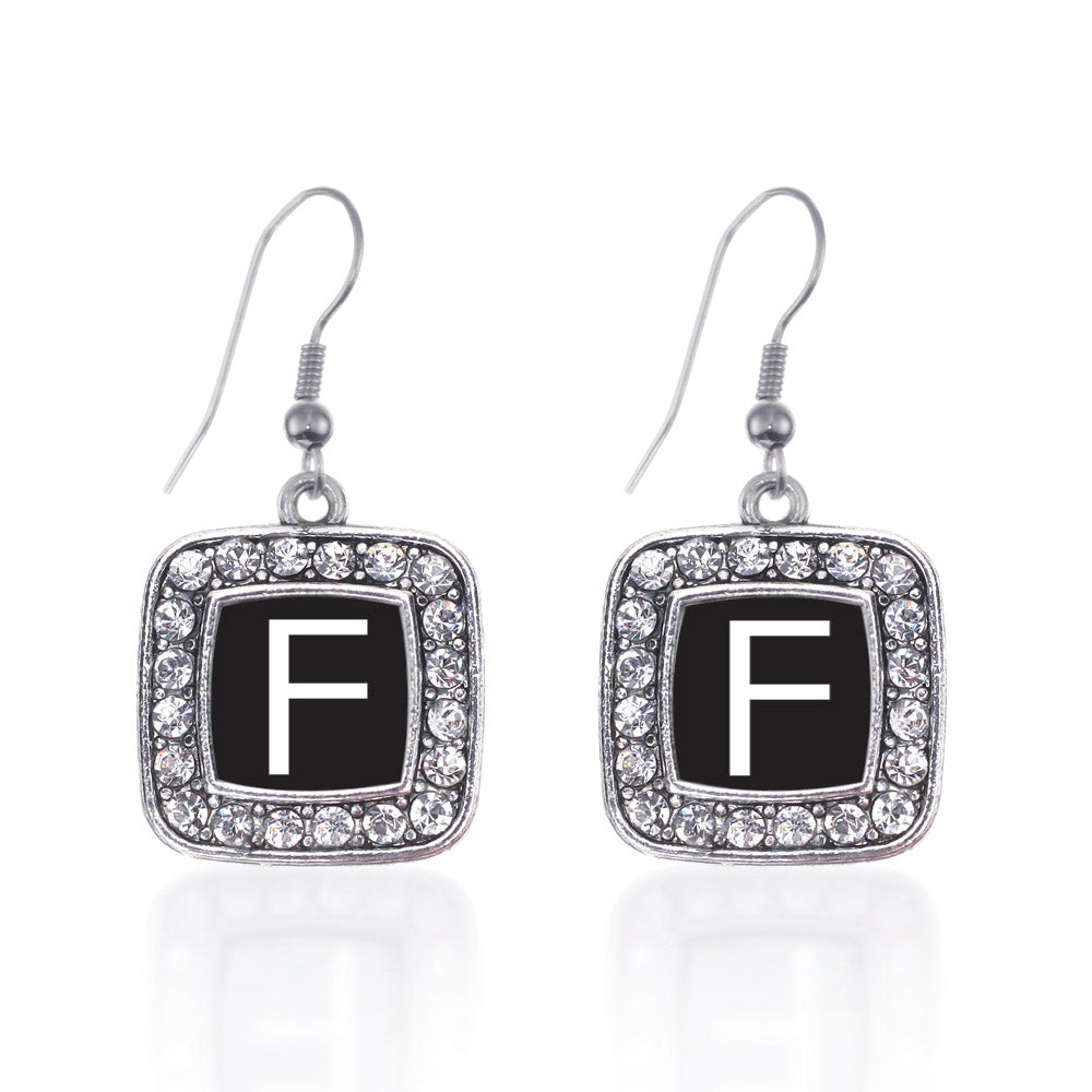 Silver My Initials - Letter F Square Charm Dangle Earrings