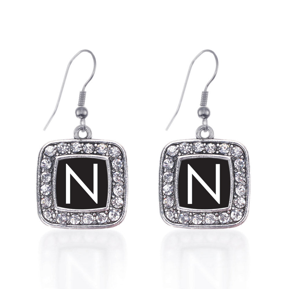 Silver My Initials - Letter N Square Charm Dangle Earrings