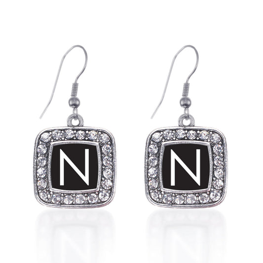 Silver My Initials - Letter N Square Charm Dangle Earrings
