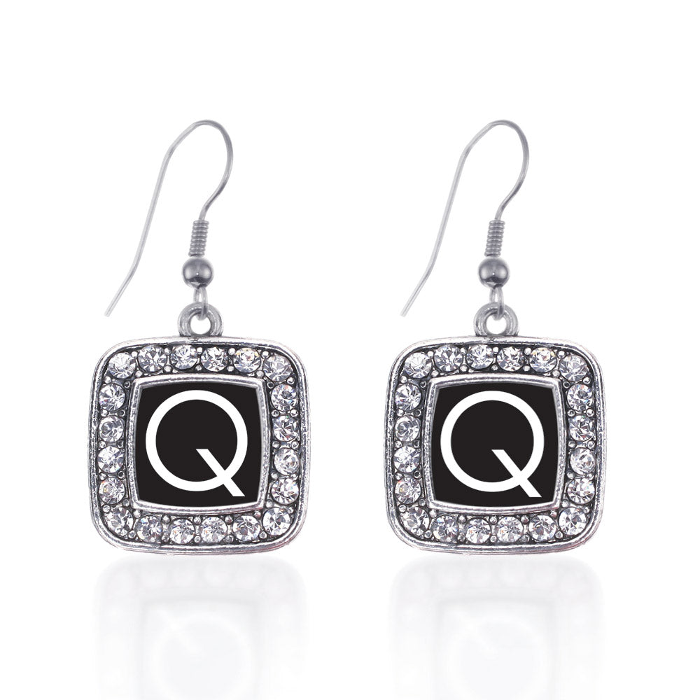 Silver My Initials - Letter Q Square Charm Dangle Earrings
