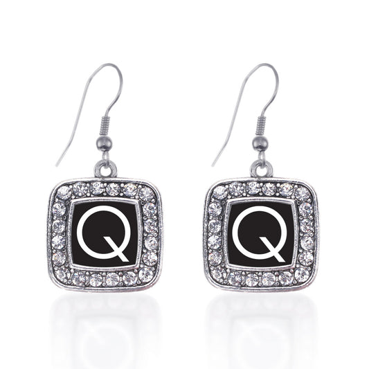 Silver My Initials - Letter Q Square Charm Dangle Earrings