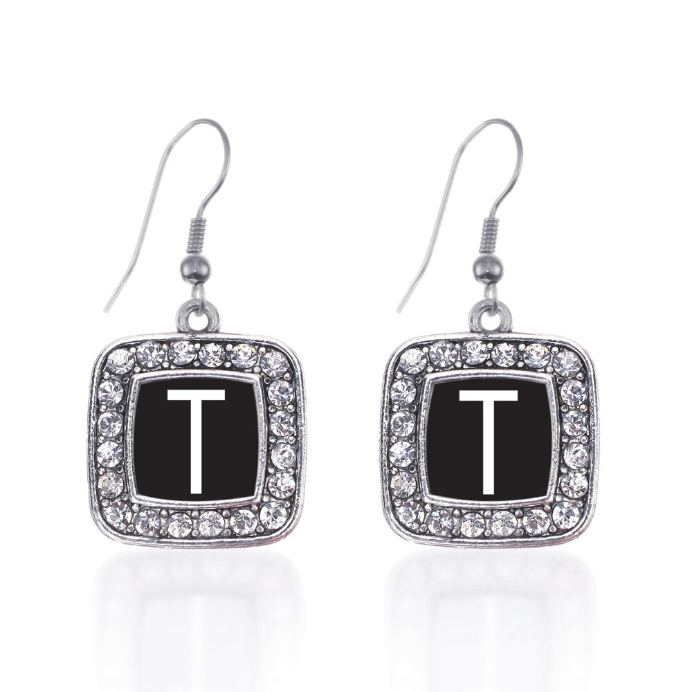 Silver My Initials - Letter T Square Charm Dangle Earrings