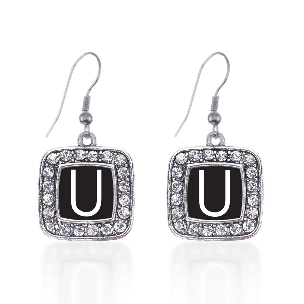 Silver My Initials - Letter U Square Charm Dangle Earrings
