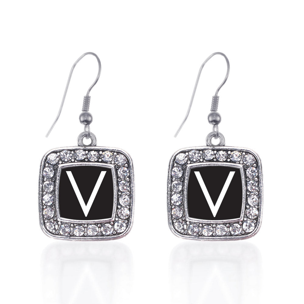 Silver My Initials - Letter V Square Charm Dangle Earrings