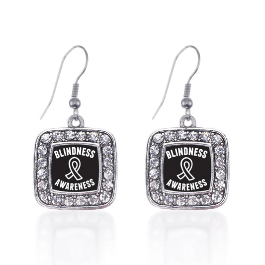Silver Blindness Awareness Square Charm Dangle Earrings