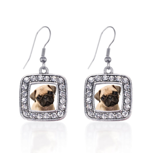 Silver Pug Square Charm Dangle Earrings