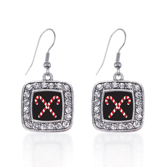 Silver Candy Cane Square Charm Dangle Earrings