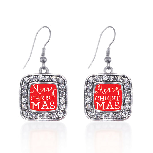 Silver Merry Christmas Square Charm Dangle Earrings