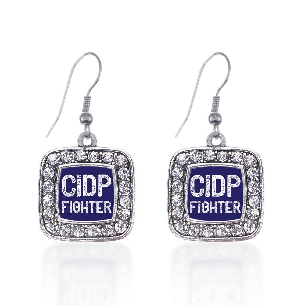 Silver CIDP Fighter Square Charm Dangle Earrings