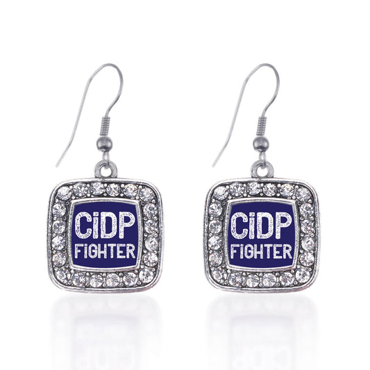 Silver CIDP Fighter Square Charm Dangle Earrings