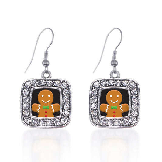 Silver Gingerbread Man Square Charm Dangle Earrings