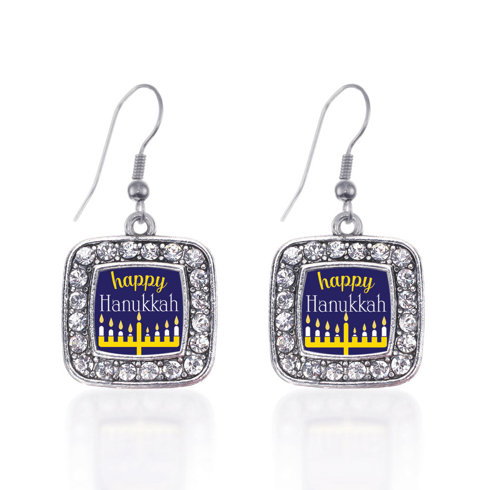 Silver Happy Hanukkah Square Charm Dangle Earrings