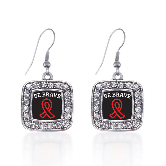 Silver Be Brave Heart Disease Awareness Square Charm Dangle Earrings