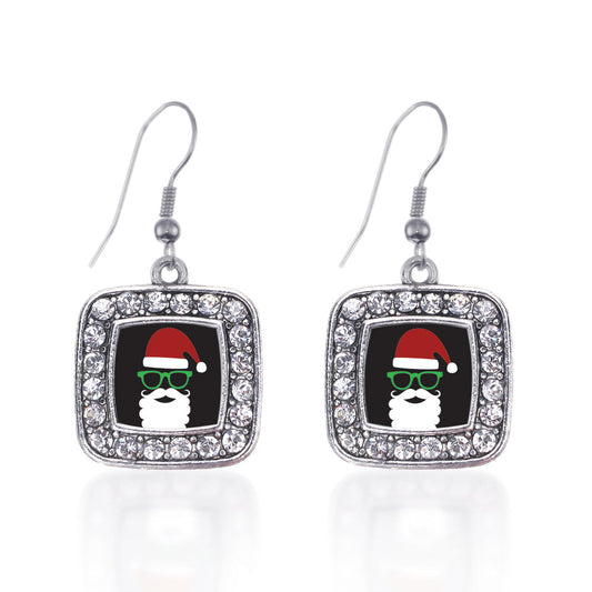Silver Hipster Santa Square Charm Dangle Earrings