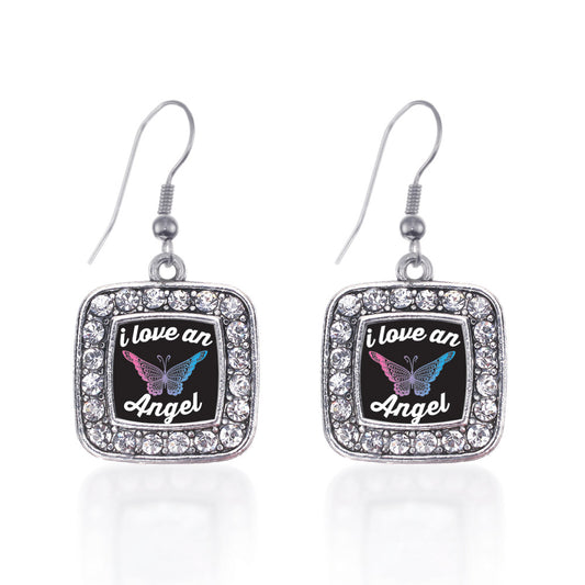 Silver I Love An Angel Square Charm Dangle Earrings