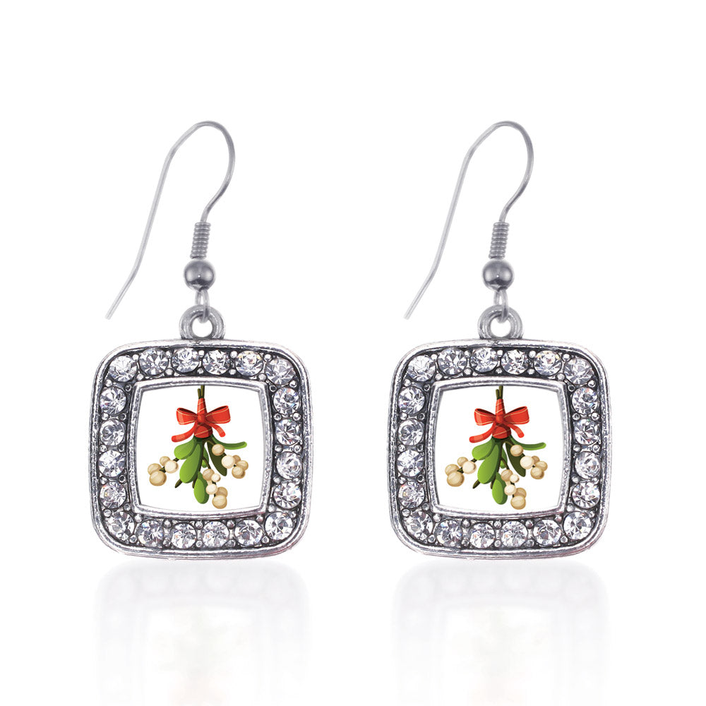 Silver Mistletoe Square Charm Dangle Earrings
