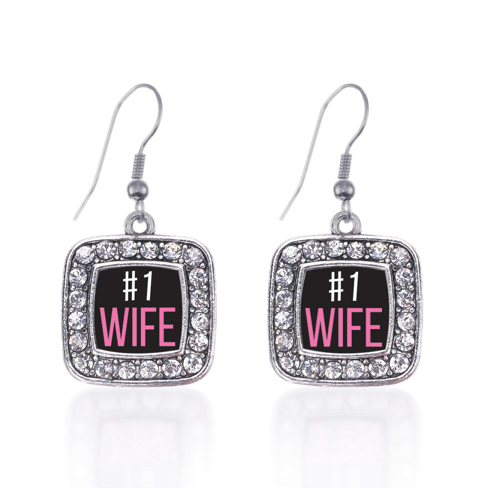 Silver #1 Wife Square Charm Dangle Earrings