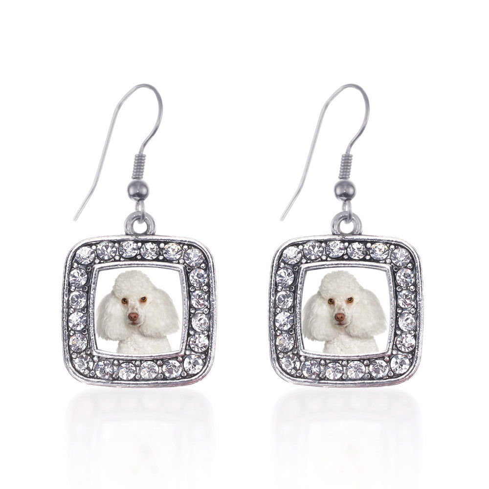 Silver I Love My Poodle Square Charm Dangle Earrings