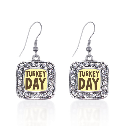 Silver Turkey Day Square Charm Dangle Earrings