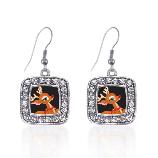 Silver Red Nosed Reindeer Square Charm Dangle Earrings