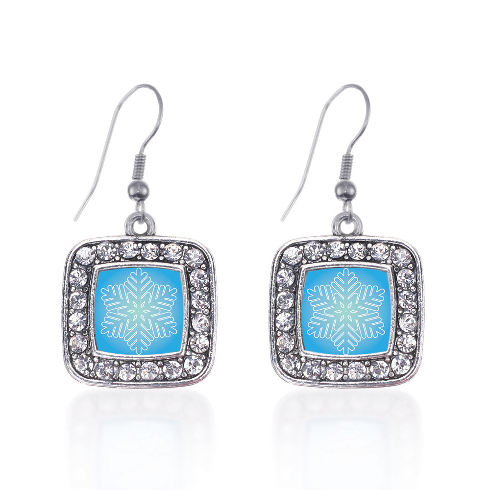 Silver Snowflake Square Charm Dangle Earrings