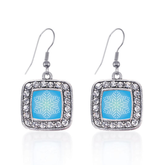 Silver Snowflake Square Charm Dangle Earrings