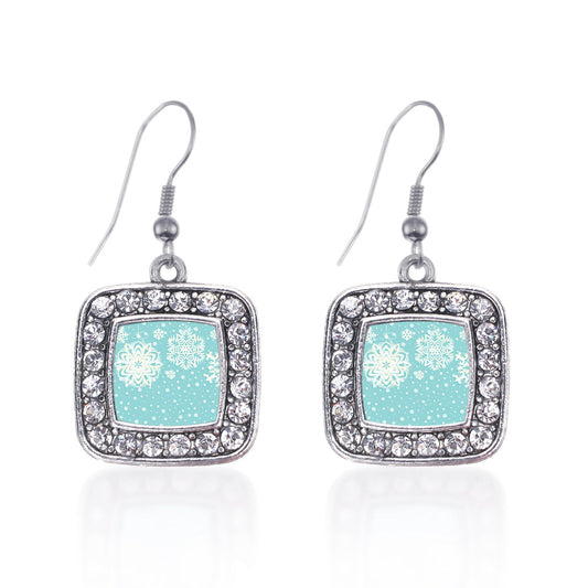 Silver Falling Snowflakes Square Charm Dangle Earrings