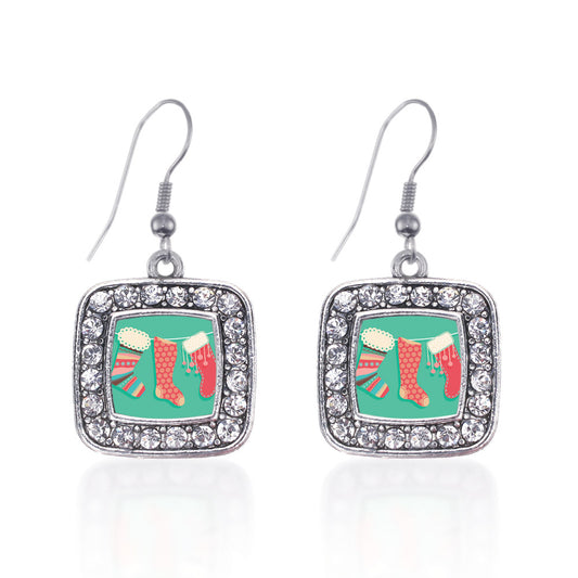 Silver Holiday Stockings Square Charm Dangle Earrings