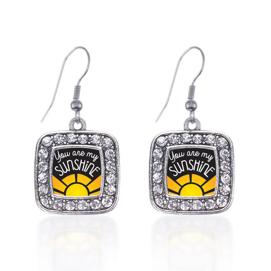 Silver You Are My Sunshine Square Charm Dangle Earrings